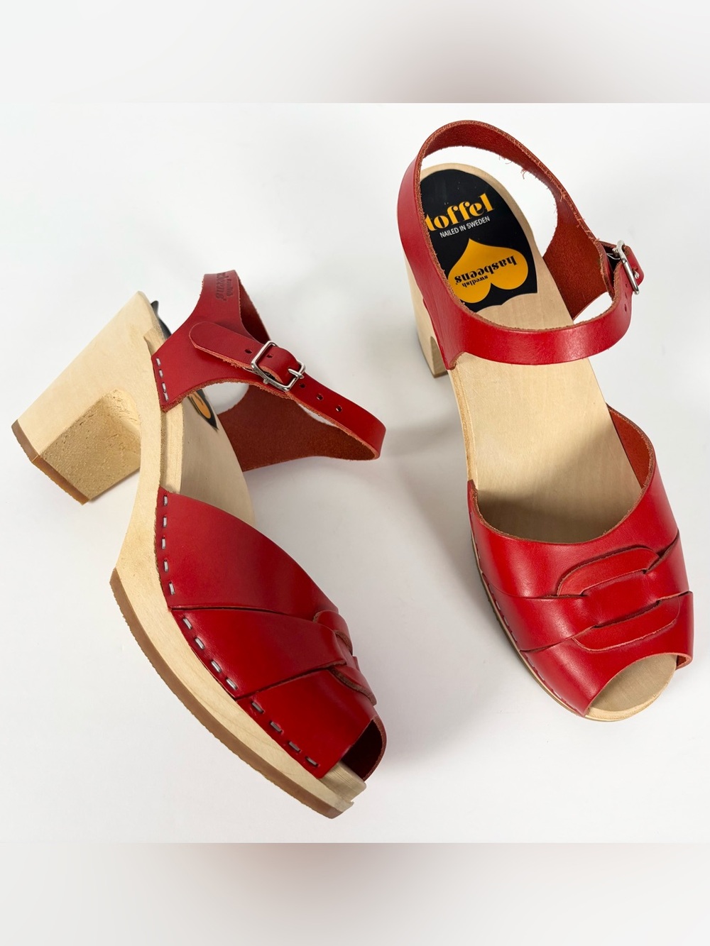 Toffel Red Swedish Hasbeens Wooden Peep Toe Platform Clog Sandals